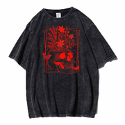 Unisex Flower Skull Washed Distressed Oversize 100%Cotton Crewneck T-shirt