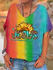 Jesus Sunflower Rainbow Ombre Color Loose V Neck T-shirt