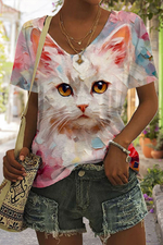 3D Cute Cat Print V Neck Short Sleeve T-shirt