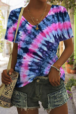 Blue Purple Rainbow Ombre Color V Neck Short Sleeve T-shirt