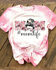 Floral & Animal Print Mom Life Bleached T-Shirt