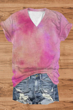 Pink Ombre V Neck Short Sleeve T-shirt