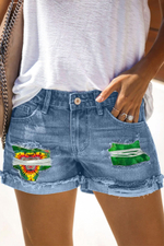 High Waist Cow Ombre Patchwork Denim Shorts