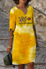 Peace Love Sunshine Ombre Color V Neck Half Sleeve Dress