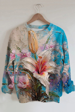 3D Flower Print Round Neck Sweatshirt