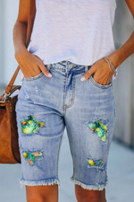 Green Ombr Color Patchwork Jeans Shorts