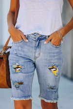 3D Bird Print Patchwork Jeans Shorts