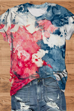 Red Blue Ombre Color Round Neck Short Sleeve T-shirt