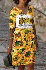 Peace Love Sunshine Sunflower V Neck Half Sleeve Dress