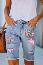 50% Coffe 50% Anxiety Love Heart
 Printed Patchwork Jeans Shorts