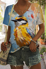 3D Bird Print V Neck Short Sleeve T-shirt