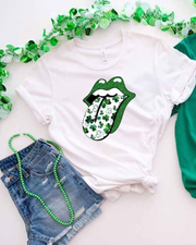 St. Patricks Lip Shamrocks Round Neck Short Sleeve T-shirt